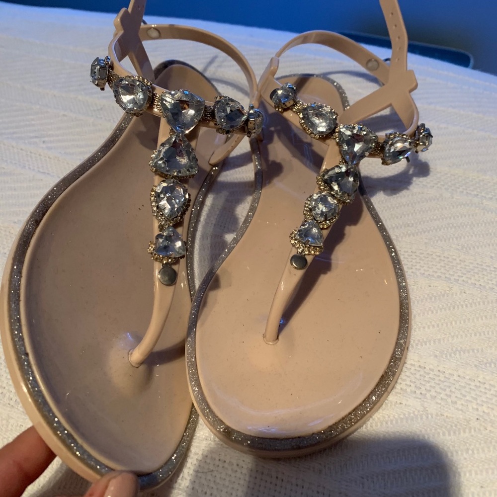 Nude Jeweled T-Strap Sandals with Sparkling Accents - Picture 3 of 4